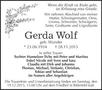 Traueranzeige von Gerda Wolf von WVG - Wochenspiegel Bitterfeld