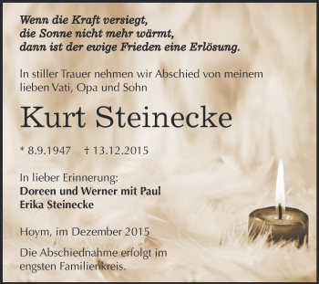 Traueranzeige von Kurt Steinecke von Super Sonntag Aschersleben