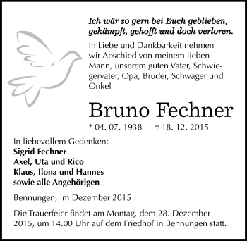 Traueranzeige von Bruno Fechner von Mitteldeutsche Zeitung Sangerhausen