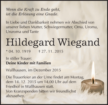 Traueranzeige von Hildegard Wiegand von Mitteldeutsche Zeitung Sangerhausen