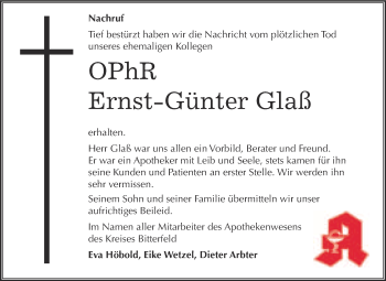 Traueranzeige von Ernst-Günter Glaß von WVG - Wochenspiegel Bitterfeld