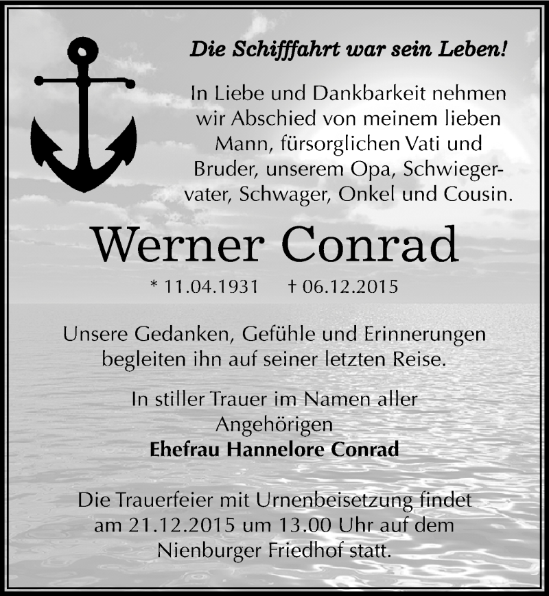  Traueranzeige für Werner Conrad vom 12.12.2015 aus Mitteldeutsche Zeitung Bernburg