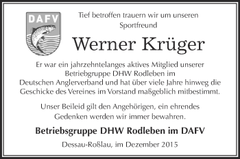 Traueranzeige von Werner Krüger von WVG - Wochenspiegel Dessau / Köthen