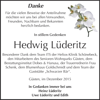 Traueranzeige von Hedwig Lüderitz von Super Sonntag Bernburg