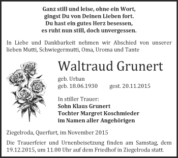Traueranzeige von Waltraud Grunert von WVG - Wochenspiegel Merseburg