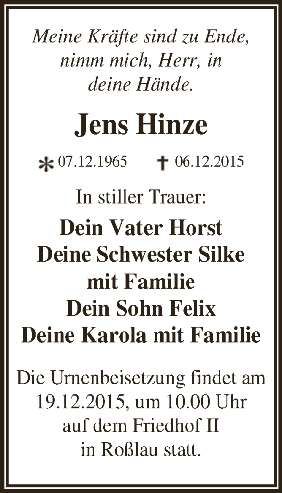  Traueranzeige für Jens Hinze vom 12.12.2015 aus WVG - Wochenspiegel Dessau / Köthen