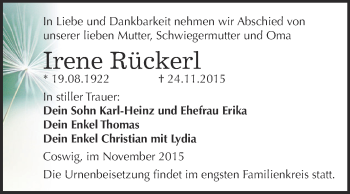 Traueranzeige von Irene Rückerl von WVG - Wochenspiegel Dessau / Köthen