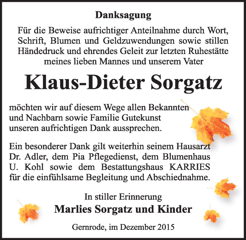  Traueranzeige für Klaus-Dieter Sorgatz vom 19.12.2015 aus Mitteldeutsche Zeitung Quedlinburg