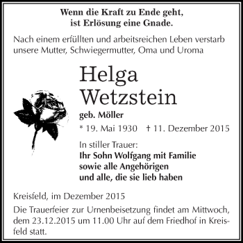 Traueranzeige von Helga Wetzstein von Super Sonntag SGH Mansf. Land