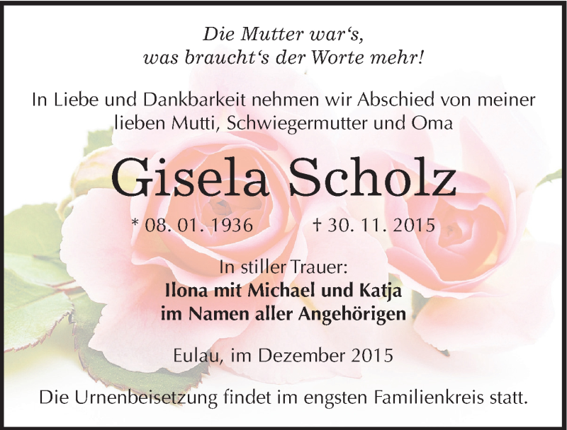  Traueranzeige für Gisela Scholz vom 05.12.2015 aus Mitteldeutsche Zeitung Naumburg/Nebra
