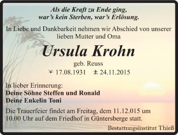 Traueranzeige von Ursula Krohn von Mitteldeutsche Zeitung Quedlinburg