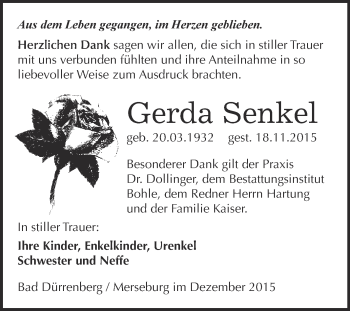 Traueranzeige von Gerda Senkel von Super Sonntag Merseburg