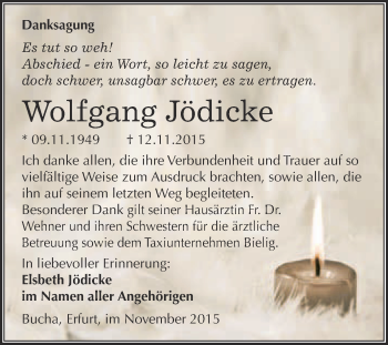 Traueranzeige von Wolfgang Jödicke von WVG - Wochenspiegel NMB / WSF / ZTZ