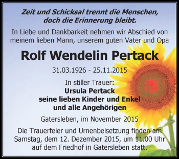 Traueranzeige von Rolf Wendelin Pertack von Super Sonntag Aschersleben