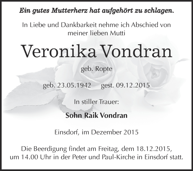  Traueranzeige für Veronika Vondran vom 16.12.2015 aus WVG - Wochenspiegel SGH