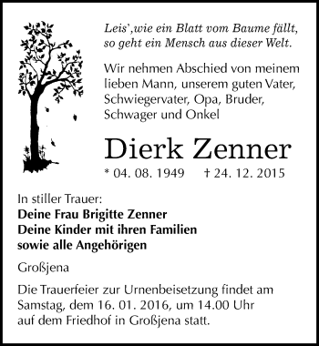 Traueranzeige von Dierk Zenner von Mitteldeutsche Zeitung Naumburg/Nebra