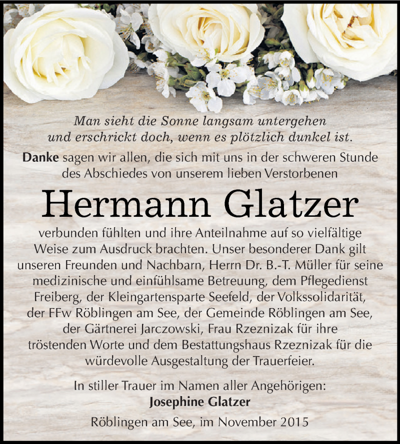  Traueranzeige für Hermann Glatzer vom 09.12.2015 aus Wochenspiegel Mansfelder Land