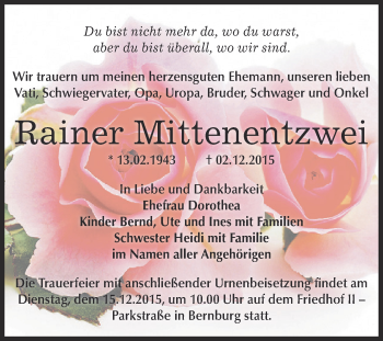 Traueranzeige von Rainer Mittenentzwei von Super Sonntag Bernburg