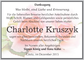 Traueranzeige von Charlotte Kruszyk von WVG - Wochenspiegel Halle