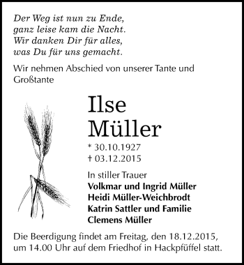 Traueranzeige von Ilse Müller von Mitteldeutsche Zeitung Sangerhausen