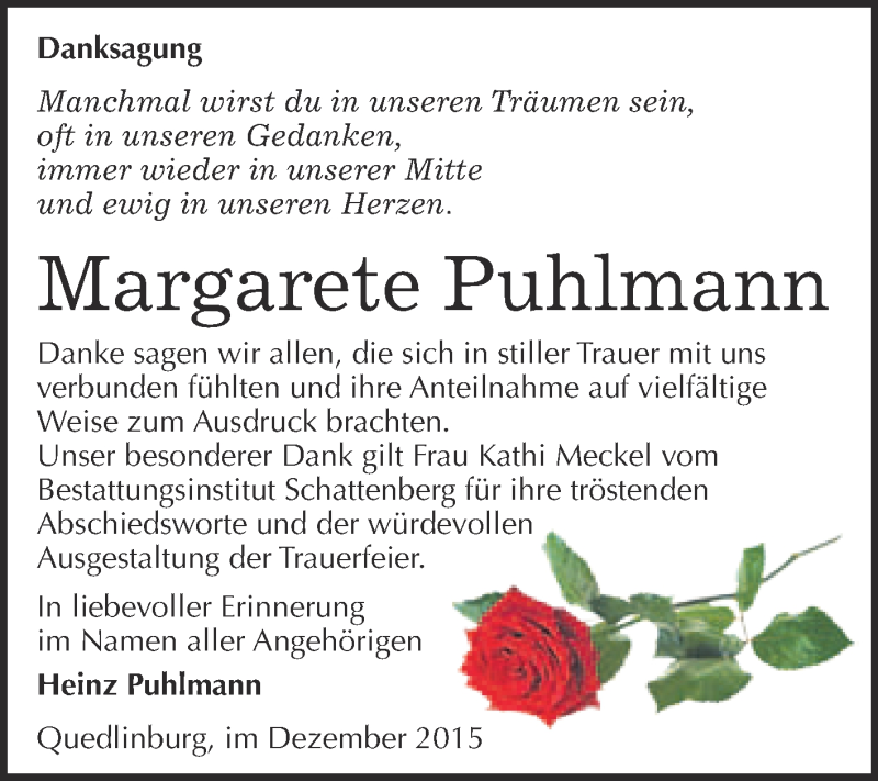  Traueranzeige für Margarete Puhlmann vom 12.12.2015 aus Super Sonntag Quedlinburg