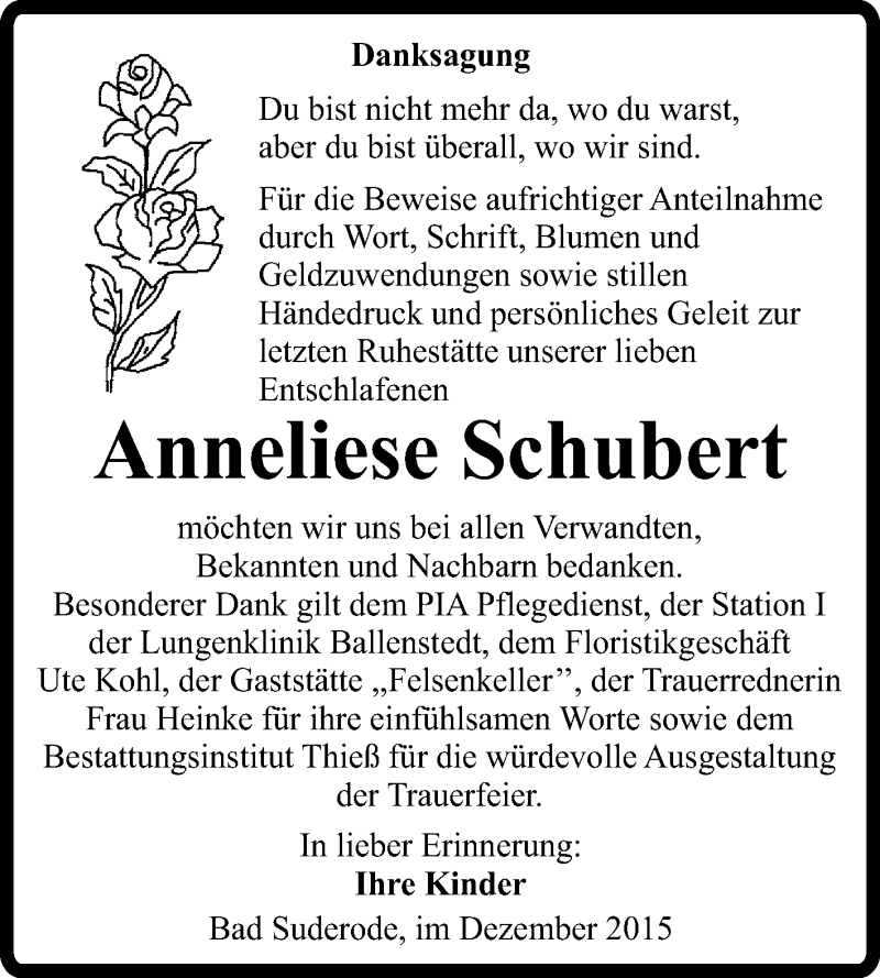  Traueranzeige für Anneliese Schubert vom 19.12.2015 aus Super Sonntag Quedlinburg