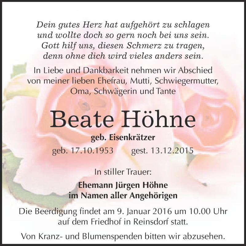  Traueranzeige für Beate Höhne vom 30.12.2015 aus WVG - Wochenspiegel NMB / WSF / ZTZ