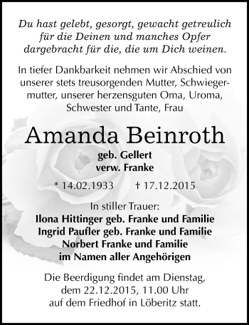 Traueranzeige von Amanda Beinroth von Mitteldeutsche Zeitung Bitterfeld