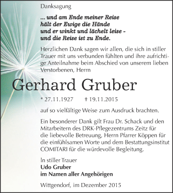 Traueranzeige von Gerhard Gruber von Super Sonntag Zeitz