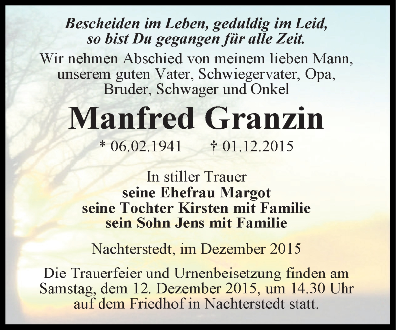  Traueranzeige für Manfred Granzin vom 09.12.2015 aus Super Sonntag Aschersleben