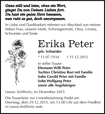 Traueranzeige von Erika Peter von Mitteldeutsche Zeitung Merseburg/Querfurt