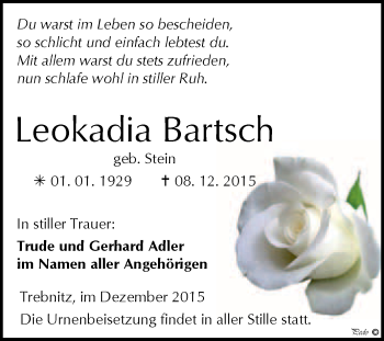 Traueranzeige von Leokadia Bartsch von WVG - Wochenspiegel NMB / WSF / ZTZ