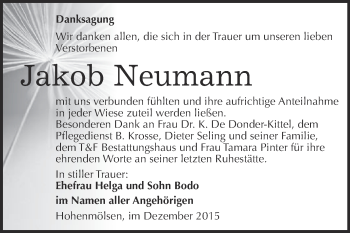 Traueranzeige von Jakob Neumann von WVG - Wochenspiegel NMB / WSF / ZTZ