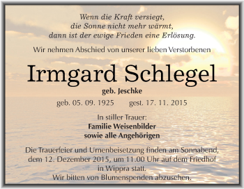 Traueranzeige von Irmgard Schlegel von Super Sonntag SGH Mansf. Land