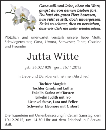 Traueranzeige von Jutta Witte von Super Sonntag Bernburg