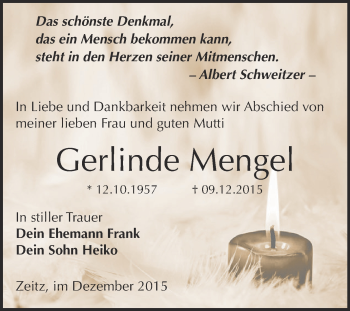 Traueranzeige von Gerlinde Menge von Super Sonntag Zeitz
