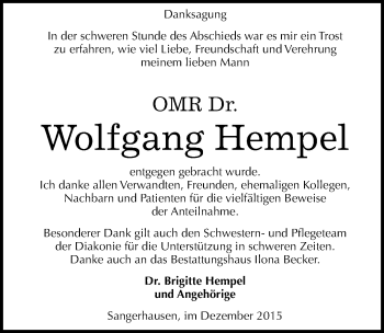 Traueranzeige von Wolfgang Hempel von Mitteldeutsche Zeitung Sangerhausen