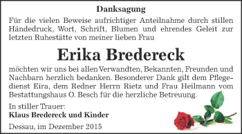 Traueranzeige von Erika Bredereck von WVG - Wochenspiegel Dessau / Köthen