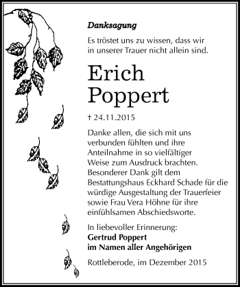 Traueranzeige von Erich Poppert von Mitteldeutsche Zeitung Sangerhausen