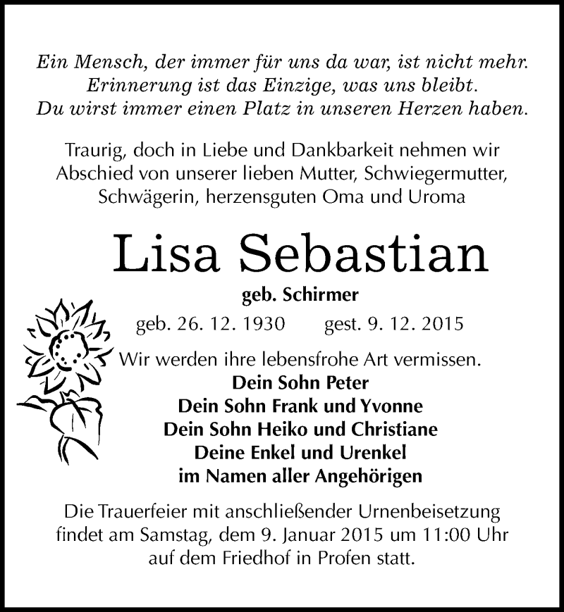  Traueranzeige für Lisa Sebastian vom 19.12.2015 aus Mitteldeutsche Zeitung Zeitz