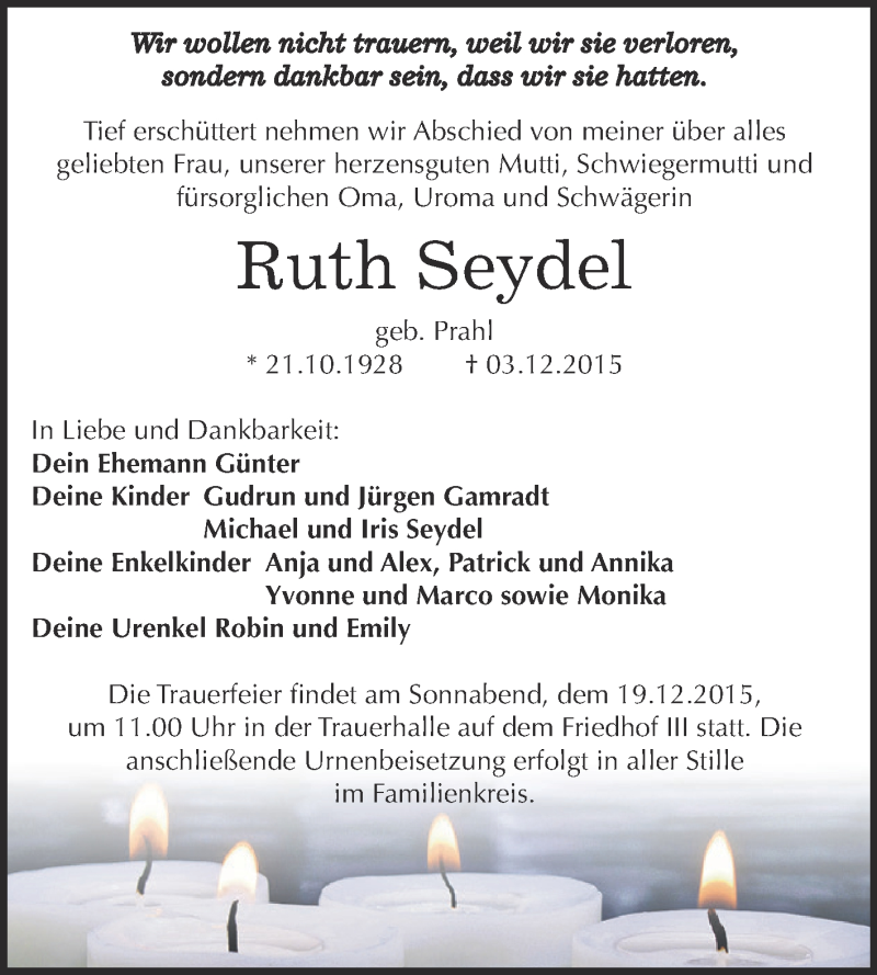  Traueranzeige für Ruth Seydel vom 12.12.2015 aus WVG - Wochenspiegel Dessau / Köthen