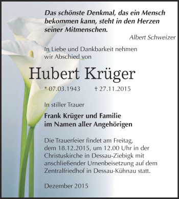 Traueranzeige von Hubert Krüger von WVG - Wochenspiegel Dessau / Köthen