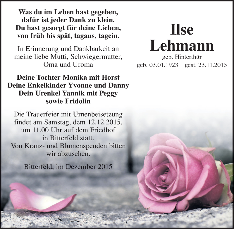 Traueranzeige für Ilse Lehmann vom 04.12.2015 aus Mitteldeutsche Zeitung Bitterfeld
