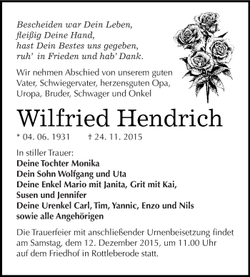 Traueranzeige von Wilfried Hendrich von WVG - Wochenspiegel SGH