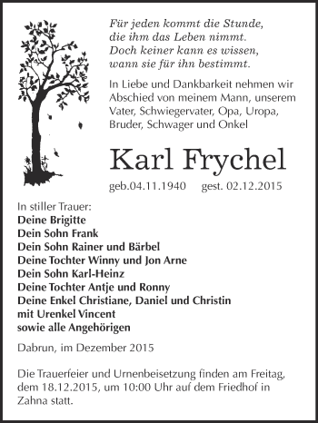 Traueranzeige von Karl Frychel von WVG - Wochenspiegel Wittenberg