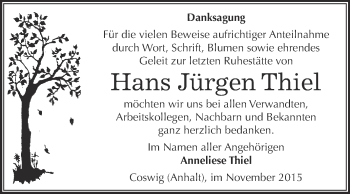 Traueranzeige von Hans Jürgen Thiel von Super Sonntag Wittenberg