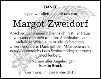 Traueranzeige von Margot Zweidorf von WVG - Wochenspiegel Quedlinburg