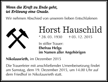 Traueranzeige von Horst Hauschild von Mitteldeutsche Zeitung Sangerhausen