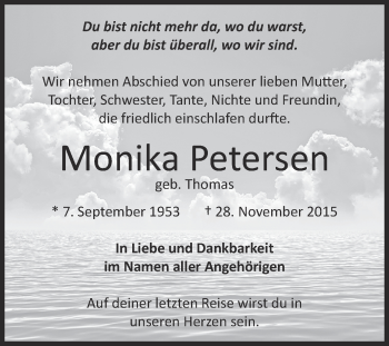 Traueranzeige von Monika Petersen von WVG - Wochenspiegel Dessau / Köthen