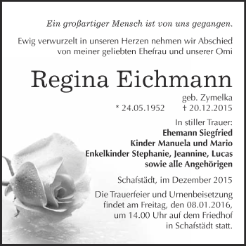 Traueranzeige von Regina Eichmann von WVG - Wochenspiegel Merseburg